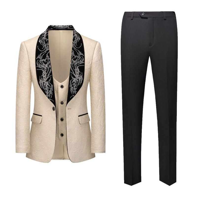 Red Men's Three-piece Suit Set Featuring A Jacquard Jacket and Vest Paired with Pants. Blue, Green, Purple, Pink, and White.