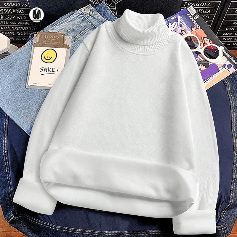 Winter Thermal Base Layer Men High Collar Knitted Pullover Full Fleece Lined Soft Long Sleeve Daily Commute Sweater