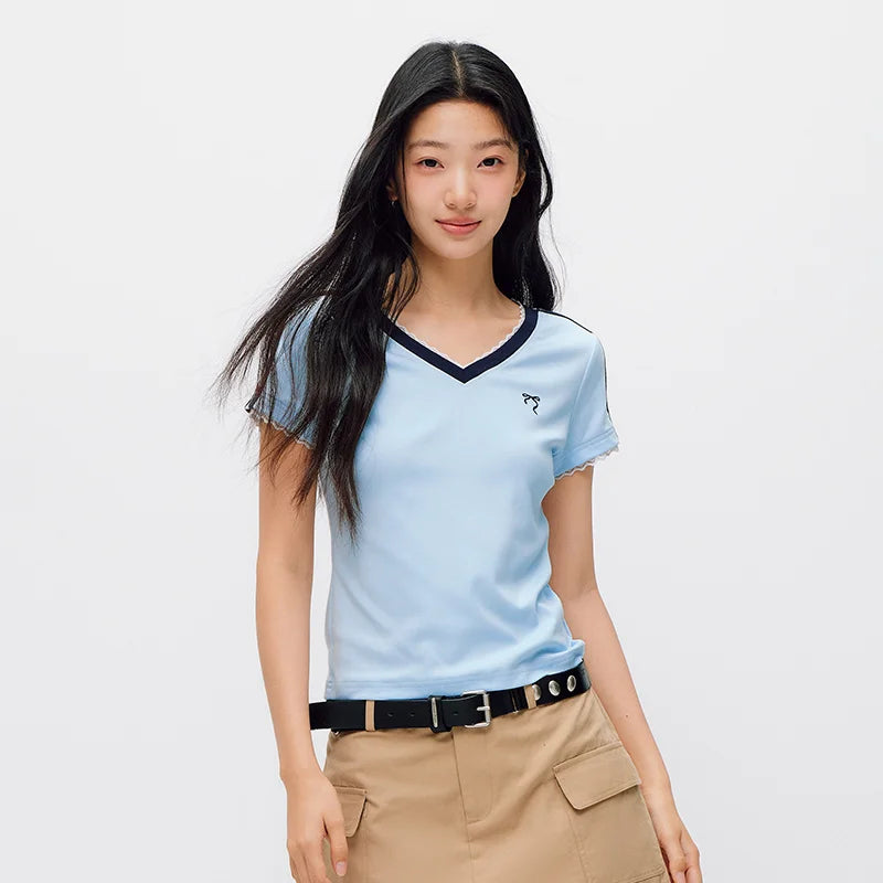 Semir Women Tshirt Cool Feeling Cropped Lace V Neck Slim Contrast Short Sleeve Summer 2026 Casual Fashion Style Top
