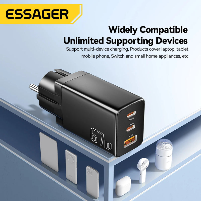 ឆ្នាំងសាក Essager GaN USB Type C 67W 45W 33W KR EU Plug សាកថ្មលឿនសម្រាប់ Samsung iPhone 16 15 14 Pro Huawei ទូរស័ព្ទ កុំព្យូទ័រយួរដៃ ឆ្នាំងសាក