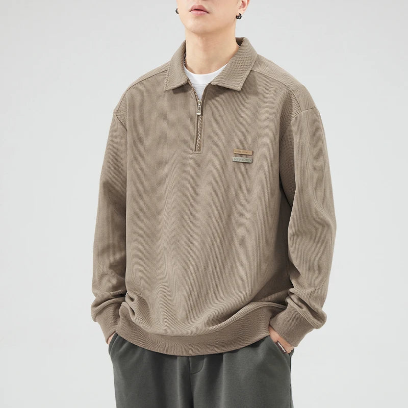 DUKEEN Heavyweight Waffle Knit Quarter-Zip Polo Sweatshirt for Men 2025 Spring Fall New Casual Loose Fit Long Sleeve Pullover