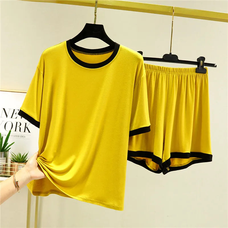 Fdfklak Summer Pajamas Women New Two-Piece Set Modal Round Neck Short-Sleeved Shorts Suit Casual Home Clothes Outside Wear