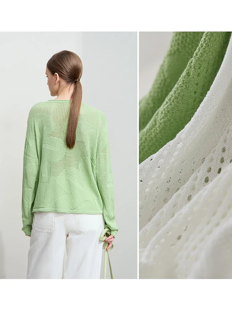 Amii 2026 Minimalist Autumn Round Neck Shoulder Sleeves Hollow Knitted Sweater Hole Picking Jacquard Craft Loose Top 12541142