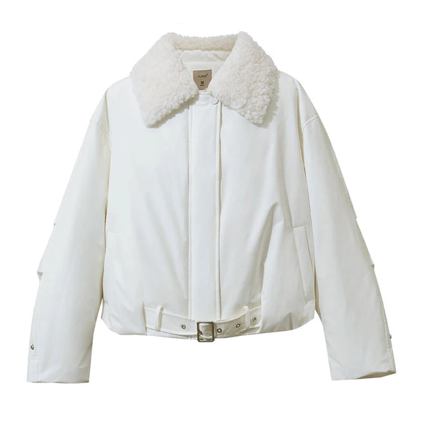 Amii Down Coats 2026 Winter New Wool Lapel With Belt Down Jacket Loose Drop Shoulder Cropped Women's Outerwear Top 12654032
