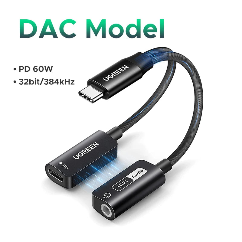 UGREEN Sound Card Type C to 3.5mm AUX Cable Adapter Earphone Converter DAC Chip PD QC Charging Sound Card for Headset