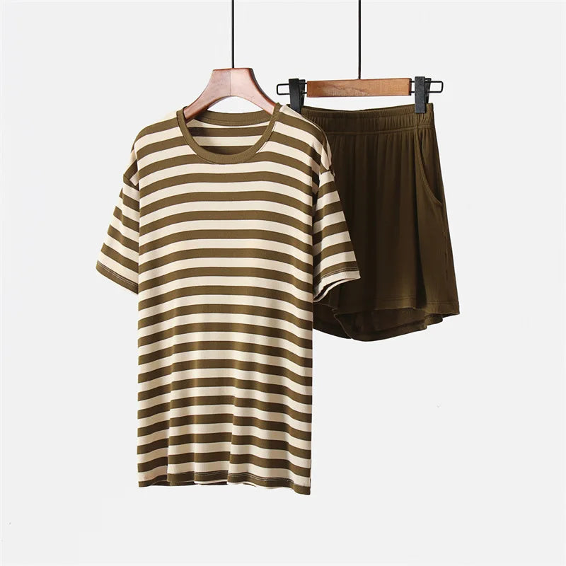 Korean Summer Pajamas Plus Size Comfortable Women's Sleepwear Set Fashion Striped Short Sleeve Shorts Suit Loose Home Wear