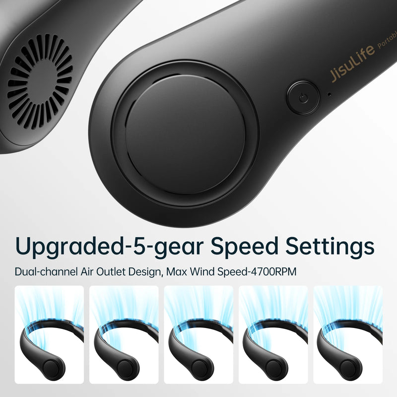 JISULIFE Portable Neck Fan,Hands-Free Bladeless, 5 Speeds,4000 mAh Rechargeable Battery,Twistable Operated Wearable Neckband Fan