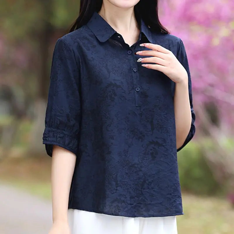 អាវយឺតថ្មីរដូវក្តៅ កអាវ Jacquard ប៊ូតុង ដៃអាវពាក់កណ្តាលធម្មតា ឆើតឆាយ រលុង សម្រាប់ស្ត្រីធ្វើដំណើរទៅធ្វើការ