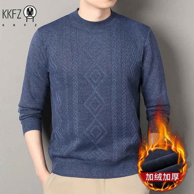 Jacquard Pattern Male Warm Sweater Full Fleece Lining Elastic Hem Crew Neck Office Semi Formal Long Sleeve Pullover
