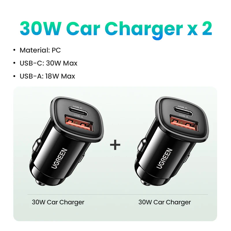 【NEW-IN】UGREEN USB Car Charger 30W Quick Charge 4.0 QC4.0 QC3.0 PD Type C Fast Car USB Charger For iPhone 17 Xiaomi Mobile Pho