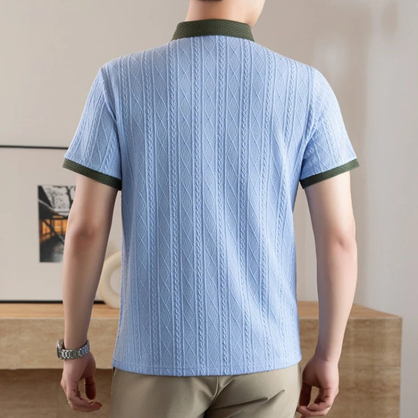 Men's Cable Knit Polo Shirt, Ultra-Soft Cotton Feel Fabric, Business Casual Short Sleeve Shirt with Ribbed Collar