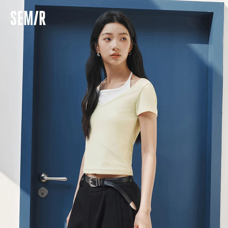 Semir Womens Tshirt 2026 Short Halter V Neck Fake Two Piece Bow Slim Rhinestone Casual Fashion