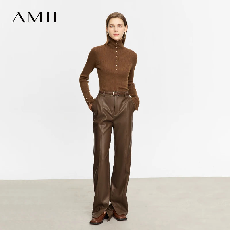 ខោស្បែក PU AMII សាមញ្ញសម្រាប់ស្ត្រីរដូវស្លឹកឈើជ្រុះឆ្នាំ ២០២៦ ខោរលុងជើងធំទូលាយបែបប្រេះស្រាំទាន់សម័យសម្រាប់នារីការិយាល័យ 12343250