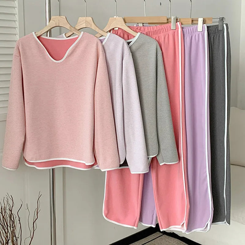 Pijama Feminino Thicken Fleece Long Sleeve Top Pant Set Fashion Striped Sleepwear Women's Pajamas Autumn Winter Home Clothes