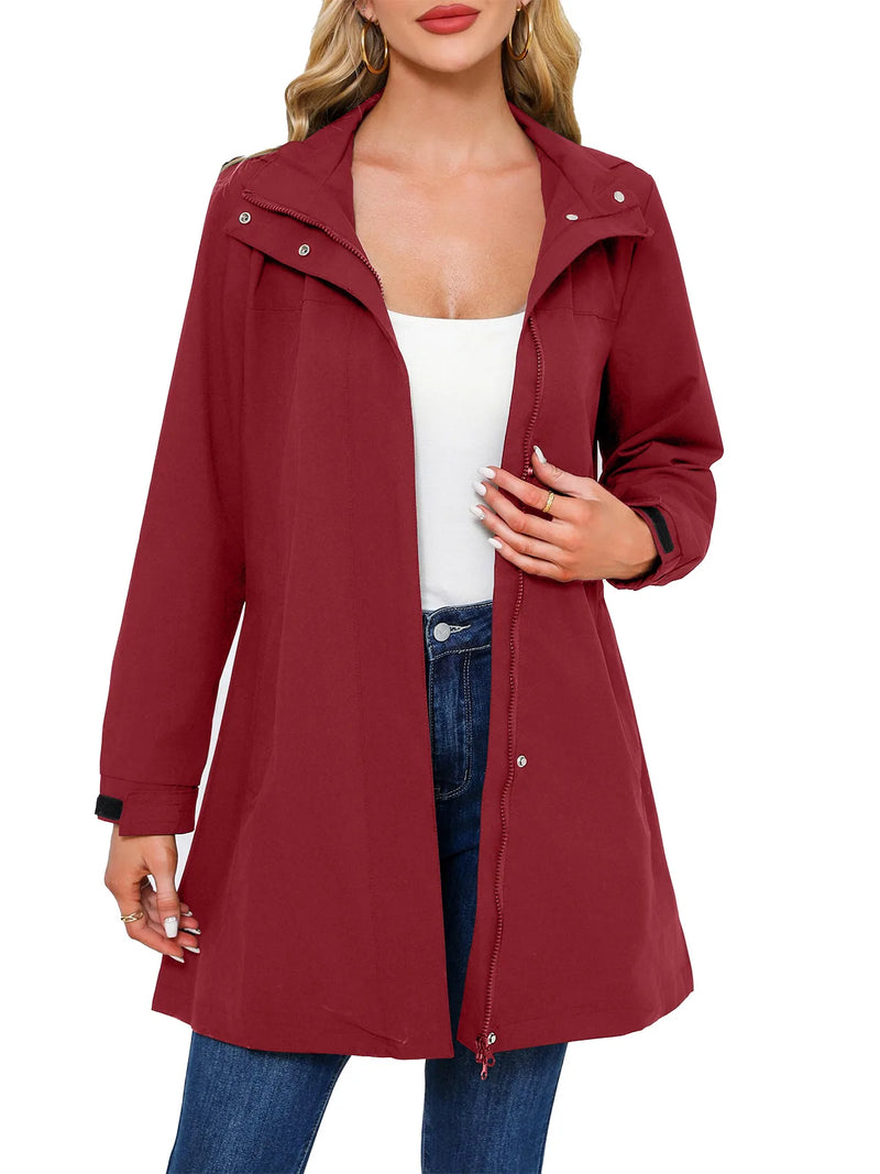 Women's Black Waterproof Hooded Jacket for Spring and Fall; The Hood Is Detachable; Available in Green, Red, Blue, Off-white.