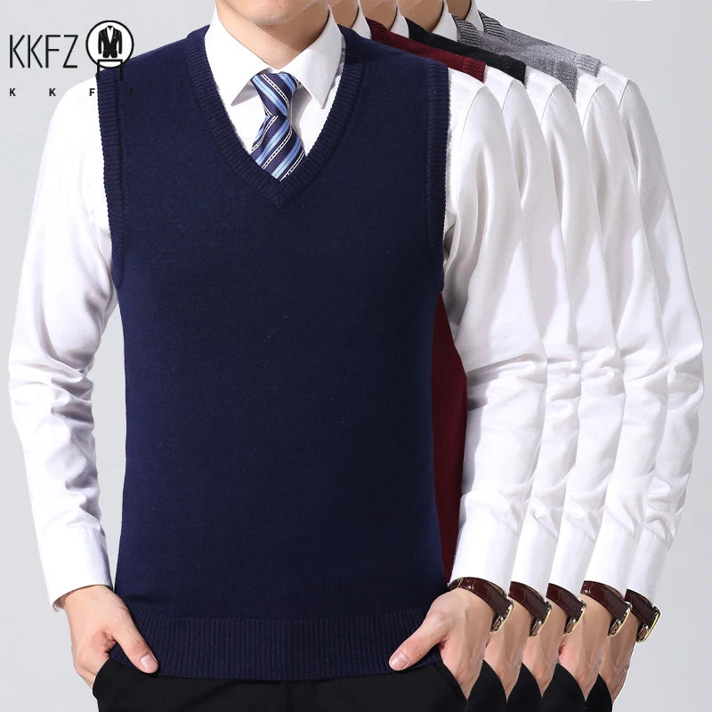 2026 Autumn Winter New Men's Solid Color V-neck Knitted Vest Casual Fashion Warm Sweater Versatile Top
