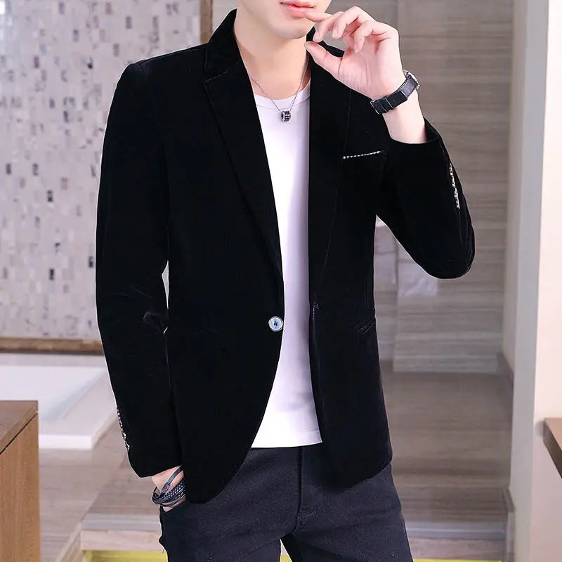 Men's Blue Long Sleeve Blazer Jacket, Business Casual Corduroy Fabric Coats, Korean Slim Style Suit Jackets, Asian Size M-5XL