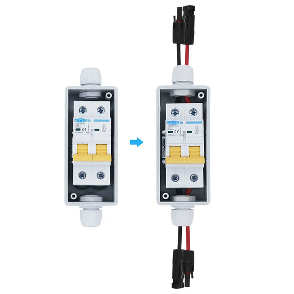 1PCS TOMZN Solar Photovoltaic PV Combiner Box with Circuit Breaker HT 2ways 1 Input 1 Out DC with Matching Wires Waterproof Box