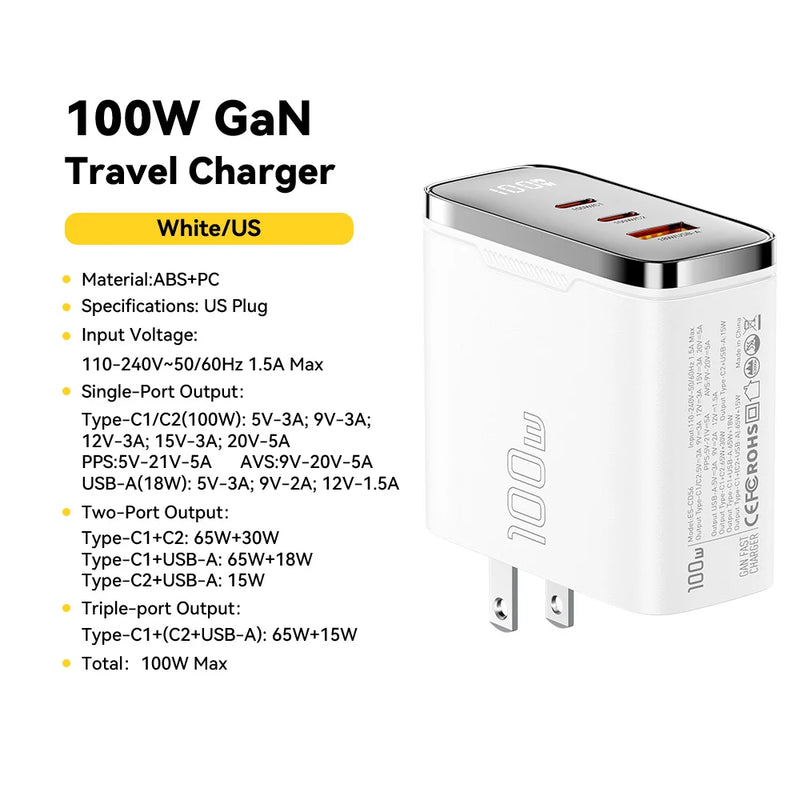 ឆ្នាំងសាក Essager 100W GaN USB Type C ឆ្នាំងសាកឌីជីថល PD QC ឆ្នាំងសាក USB ចល័តសម្រាប់ iPhone 17 16 15 Xiaomi Macbook Laptop