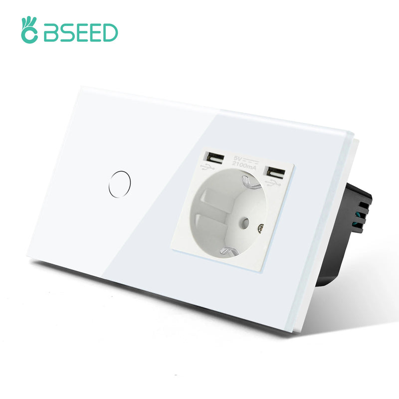 BSEED 1Gang Touch Screen Light Switches LED Backlight Wall Switches With Socket USB Type-C Charge Port Glass Panel Max.Load 300W