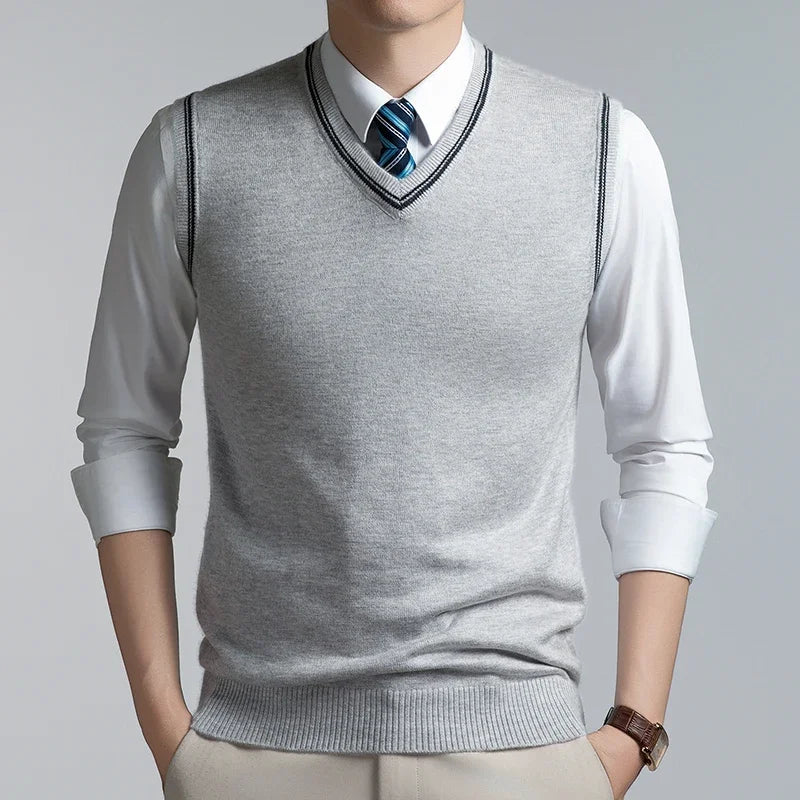 Mens Sleeveless V Neck Knit Sweater Vest Contrast Rib Edge Soft Elastic Knitwear Formal Office Layering Tank Top Fall