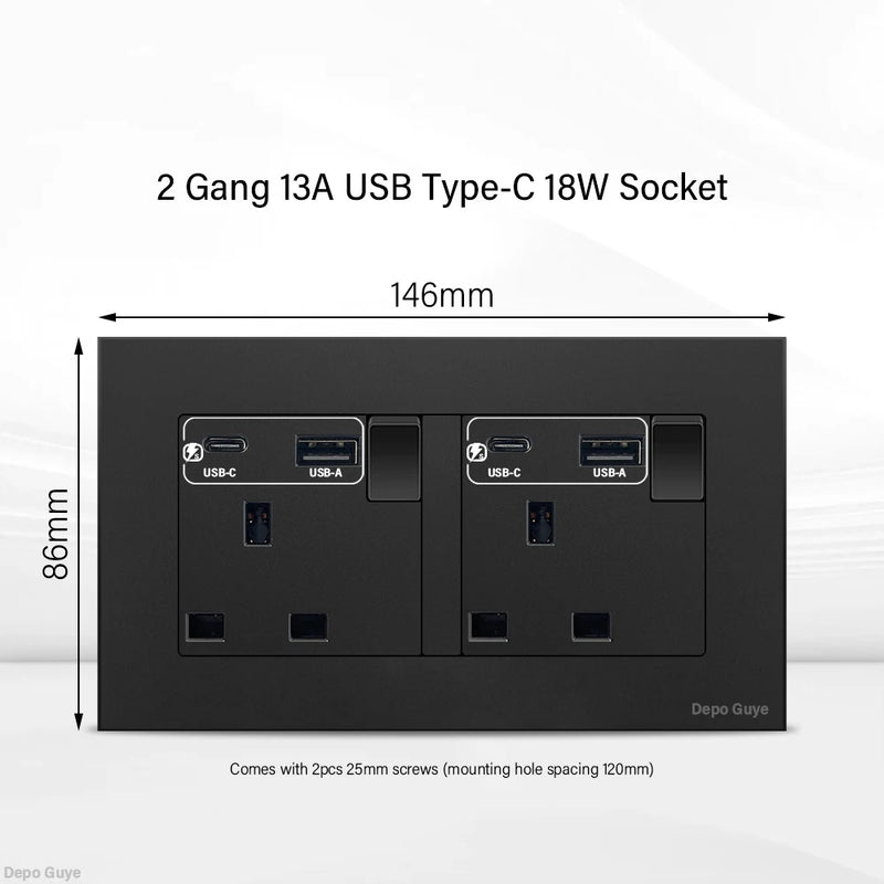 Black UK 13A Wall Socket with USB Type C 18W Quick Charge Plug Socket,Universal Wall power outlet 220V Electrical Light Switch