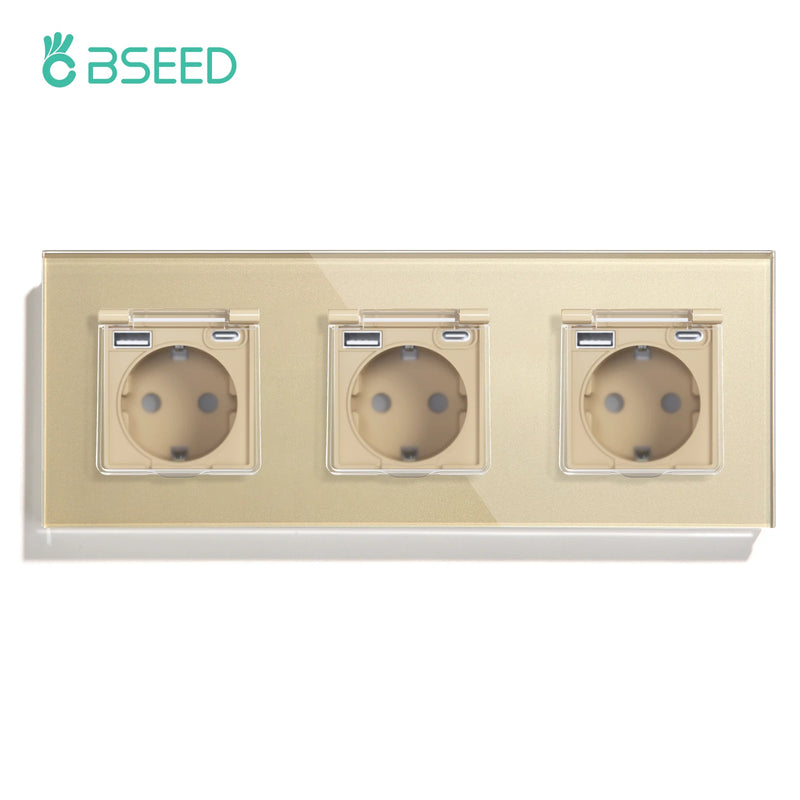 BSEED EU Standard Single Power Socket With Waterproof Cover Double USB Type-C Outlets Triple Plugs 16A Glass Panel 110-250V