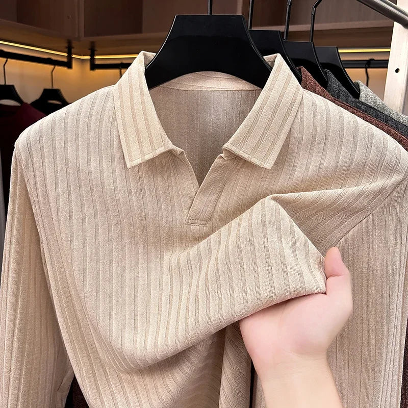 Spring Fall Men Lapel Knitted Pullover Polo Long Sleeve Vertical Ribbed Soft Light Business Daily Wear Tops