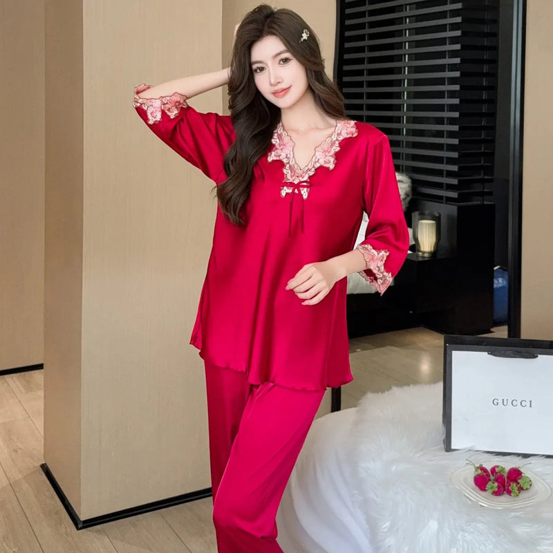 Elegant Two-piece Set Long-sleeved Trousers Pajamas Summer Sleepwear Woman Nightwear Solid Color Home Wear Sexy Pijama Pyjamas
