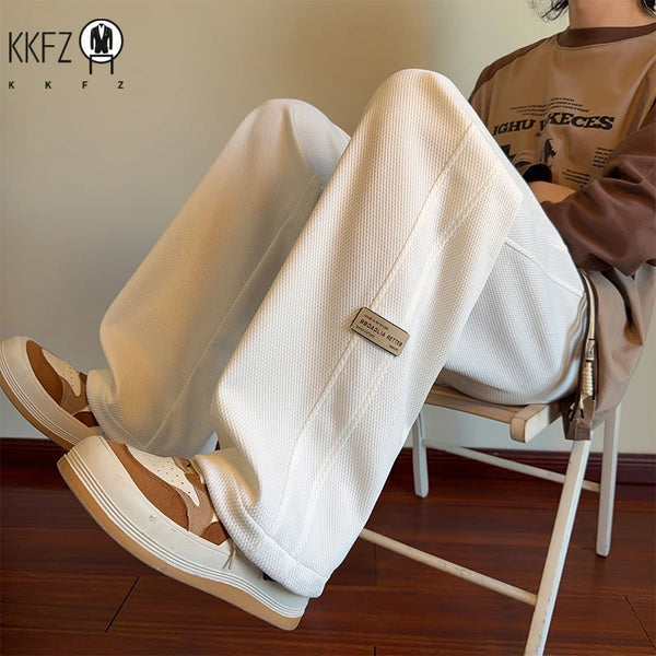 Men Comfort Loose Straight Waffle Trousers Elastic Waistband Drawstring Design Tag Decor Male Street Daily Wear Pants