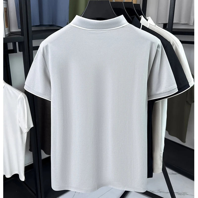 Men Summer Short Sleeve Polo Shirt Solid Color Casual Open Hem Collar Top Breathable Cool Feeling Tee