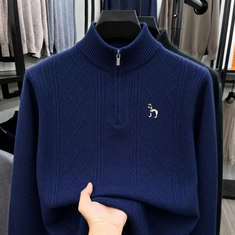 Trend Men's Long-Sleeved Knitwear Mock Neck Zipper Exquisite Pattern Embroidery Autumn Winter New Pullover Leisure Mens Clothing