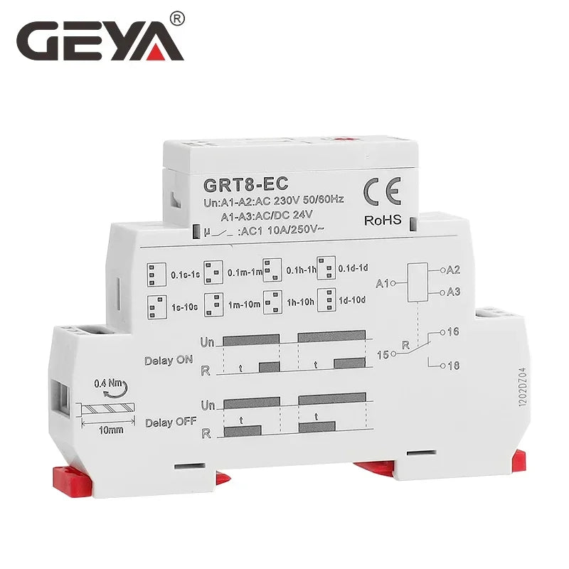 រេឡេកំណត់ពេលវេលា GEYA GRT8-EC 10A មុខងារពីរ រេឡេពន្យាពេលបើក ឬបិទ រេឡេពន្យាពេល AC220V AC380V ACDC24V-240V រេឡេកំណត់ពេលវេលា CE CB ROHS