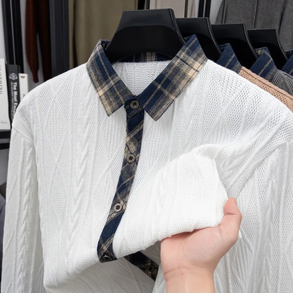 Men's Color Block Checked Knit Shirt - Casual Slim Fit, Soft Cotton Blend for Office & Daily Wear