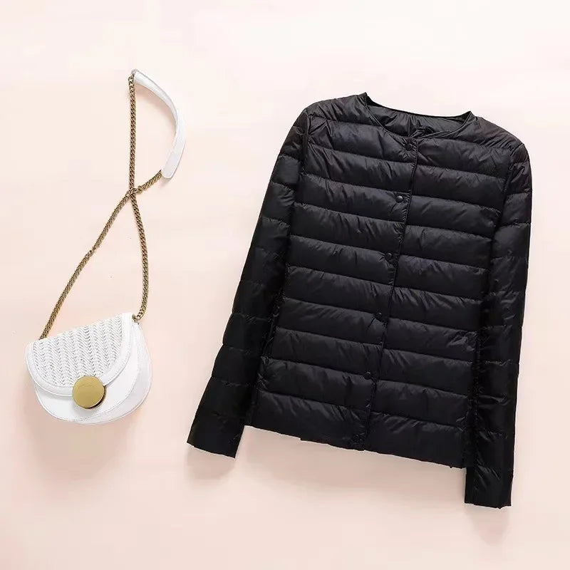 Winter Red Light/Thin Women's Round Neck Long Sleeve Jacket, White Blue Gray Khaki Available, Asian Size S-3XL Female Coat