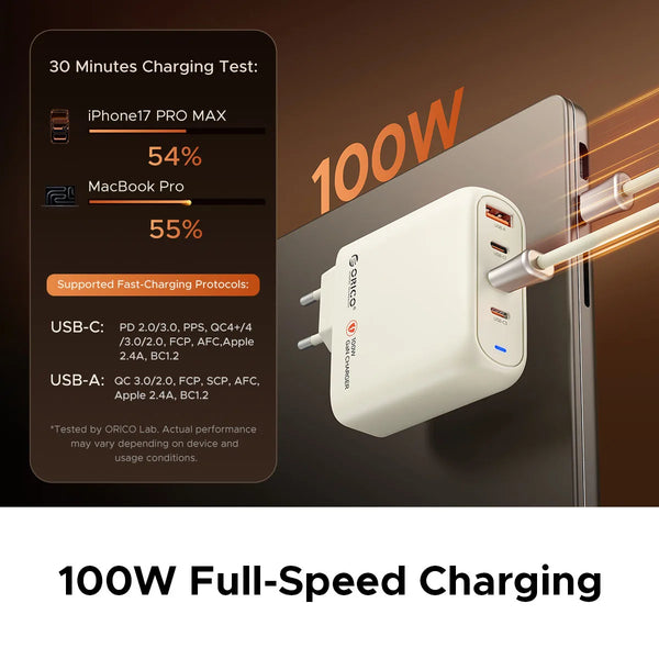ORICO 100W GaN Charger USB C Charger QC4.0 3.0 Quick Charge For Macbook Laptop Tablet PD Fast Charger For iPhone 18 17 16 Pro