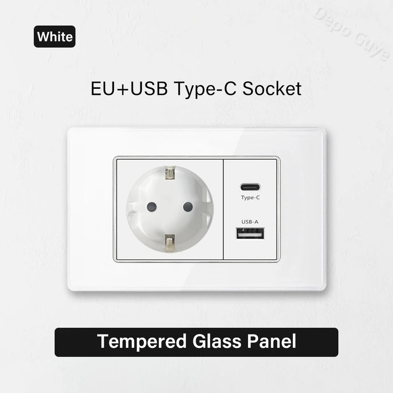 White Tempered Glass Panel Wall Light Switch Rocker Button EU Sockets Fast Charging CAT6 TV Power Outlet 118*75mm 16A AC110-250V