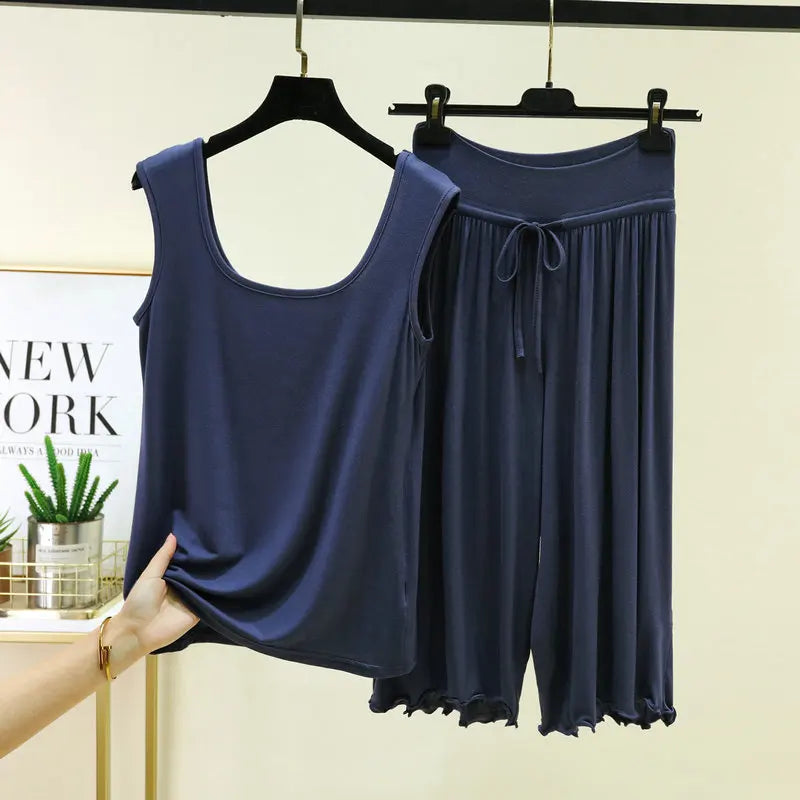 Plus Size Modal Sleepwear Home Clothes Double U-neck Vest Loose Cropped Pants Set Drawstring Lace-up Women's Pajamas M-6XL