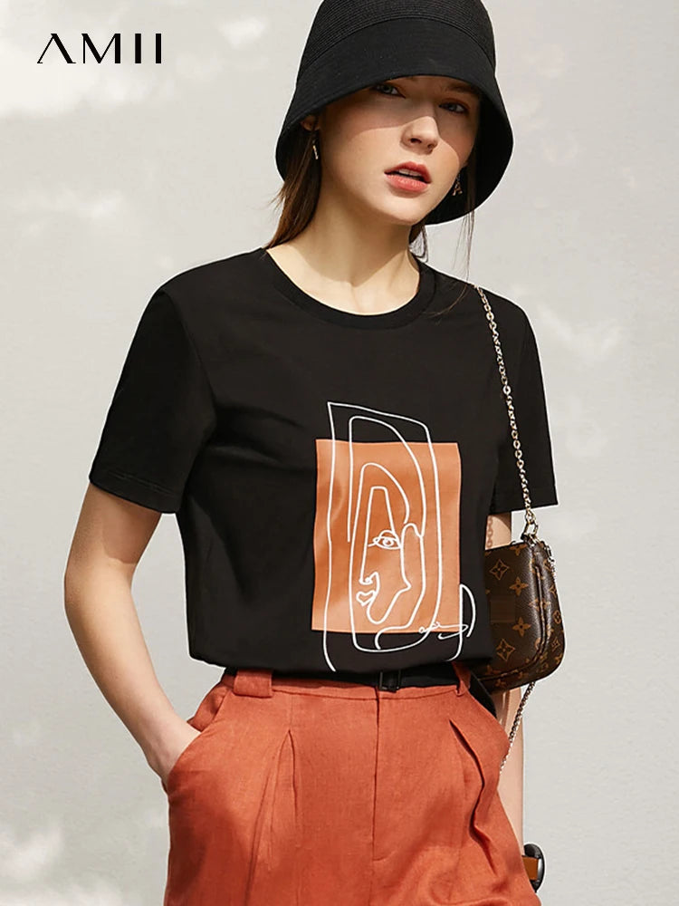 AMII Minimalism 2026 Summer New Top Women Short Sleeves Geometric Print T-shirt Cotton O Neck Black Casual Tees Female 12342527