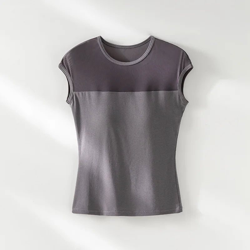 Mesh Splicing Fixed Breast Pad T-shirt for Women's Summer Slim Short-sleeved Bra Sleepwear Top One Piece Nightwear Pajamas