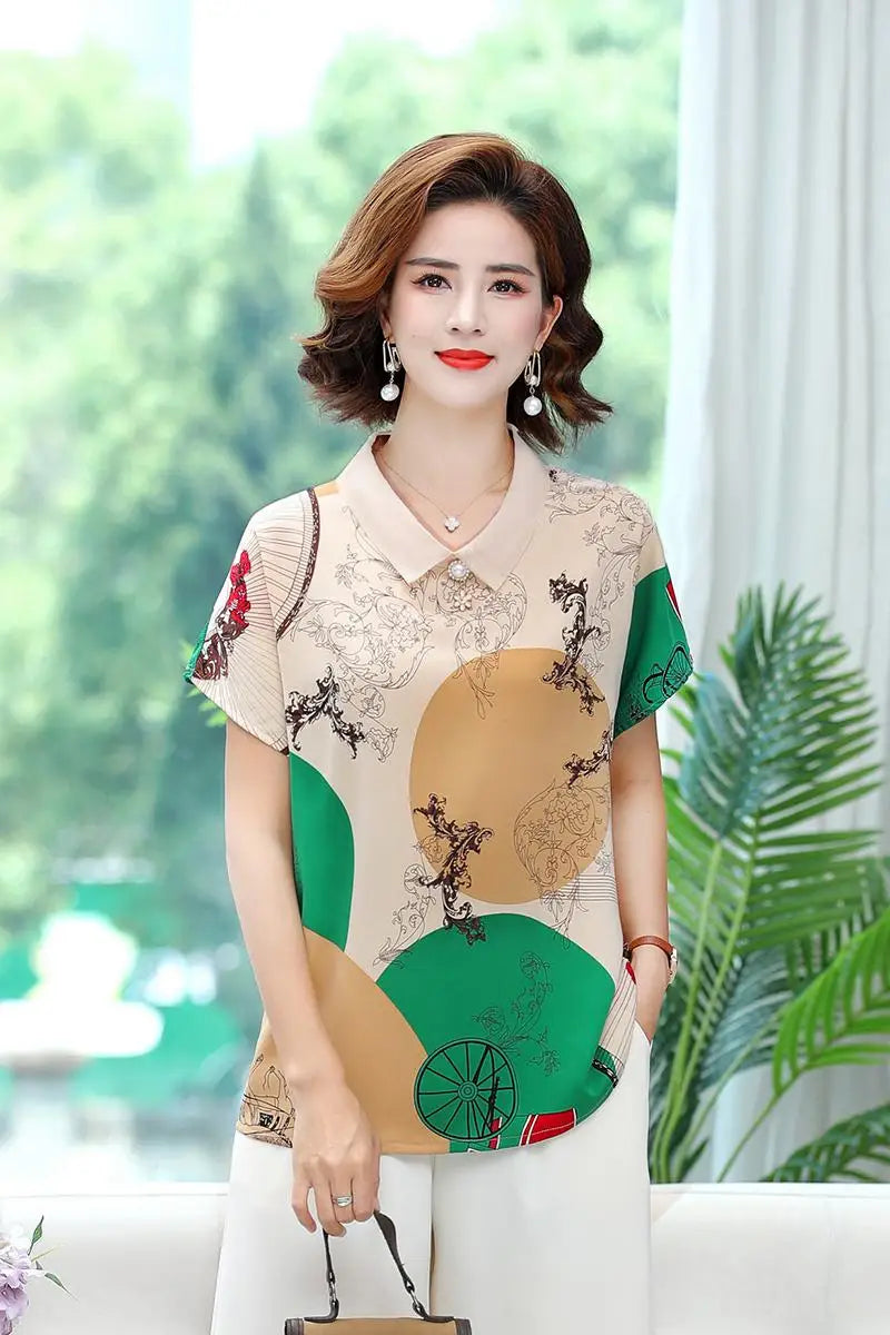 អាវ យឺត ដៃខ្លី បែប កូរ៉េ សម្រាប់ នារី បោះពុម្ព បូ អង្កាំ ឆើតឆាយ ធម្មតា រលុង អាវ Blusa Mujer រដូវក្ដៅ
