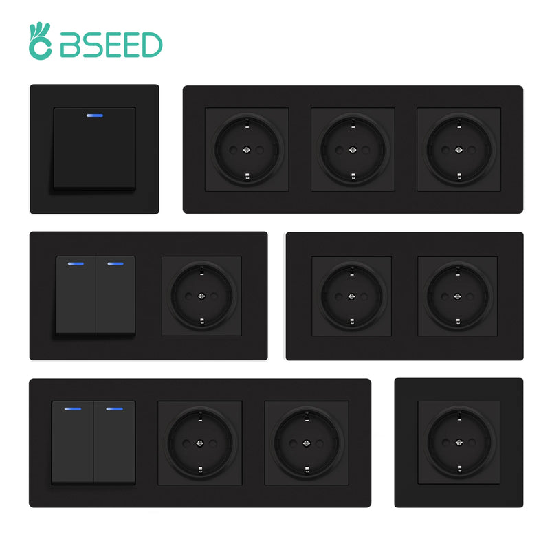 BSEED New Type 1/2Gang 1Way Mechanical Button Switch Light Switch Plus Wall Power Socket With Claws Plastic Panel EU Outlets