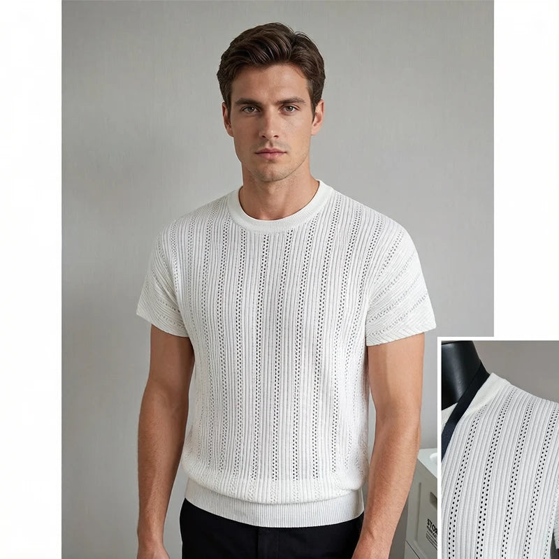 Old Money Style Men's T-Shirt, See-Through Raglan Sleeves & Round Neck, Ice Silk Knit for Cool Feeling