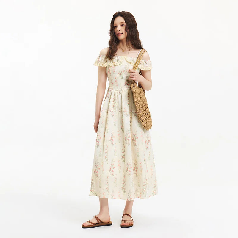 Semir Dress Women Floral Print Country Style Vacation 2025 New Summer Ruffled Waist-Cinching Strappy Dress Chic Looks