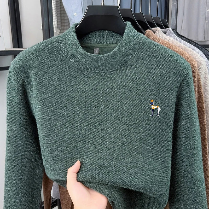 Man Long-Sleeve Knit Top Crew Neck Fleece-Lined Thickened Exquisite Embroidery Autumn Winter Leisure Keep Warm Men's Clothing