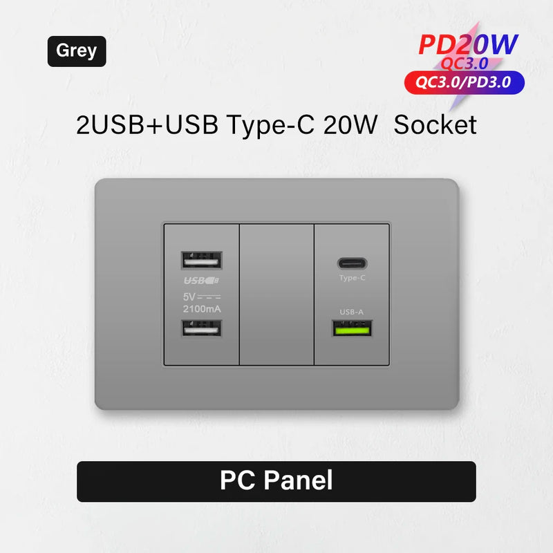 Korea Chile standard 20W Super Fast smart Charge Type C USB Port Power Wall Socket Plug,118*73mm Quick Charge electrical Outlet