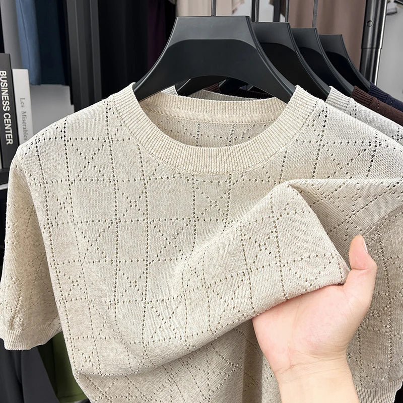 Hot-Selling Man Short-Sleeved Knit T-Shirt Crew Neck Solid Color Argyle Casual Ventilate Trend Versatile British Style Men's Wea
