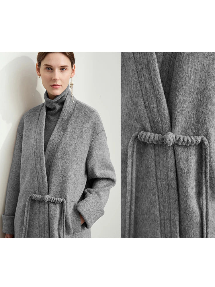 Amii Minimalist Women's New-Chinese Woolen Coat 2026 Winter V-neck Disc Buckle Lady Drop Cuff Loose Mid-length Overcoat 12454010