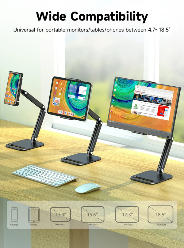 ឈុតស្ព្រីងដែក UPERFECT Ustand D18 អាចបត់បែនបានសម្រាប់តង្កៀបម៉ូនីទ័រចល័តទំហំ 10-18.5 អ៊ីញ ដែលអាចលៃតម្រូវបាន 360° អេក្រង់បញ្ឈរខាងក្រៅ