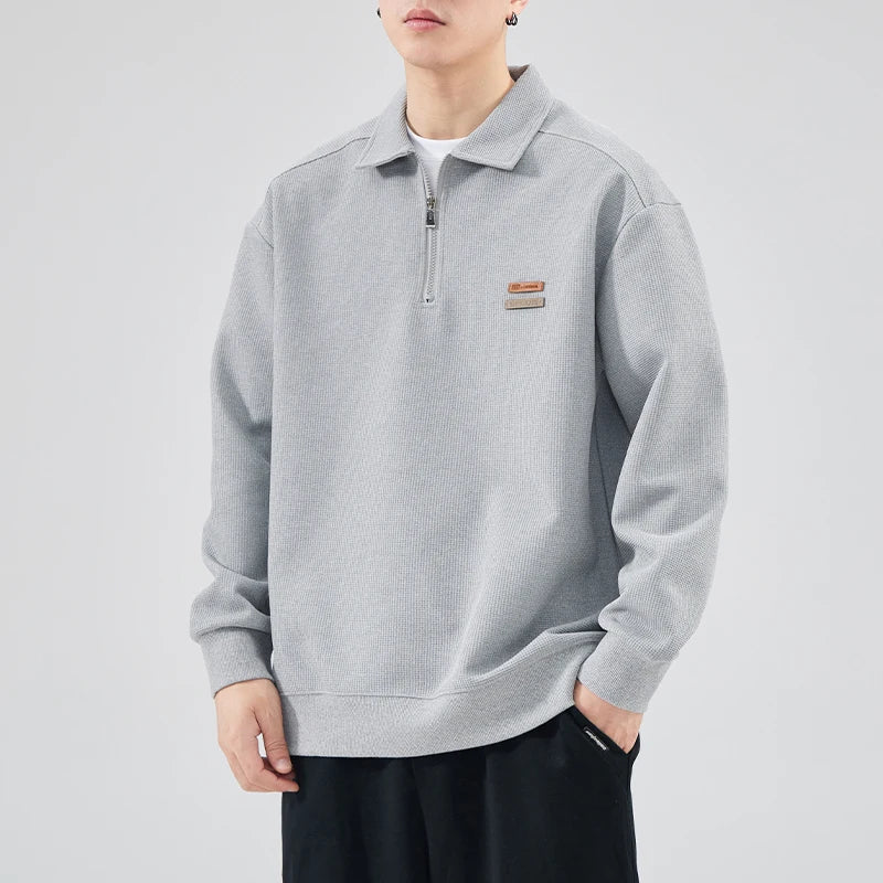 DUKEEN Heavyweight Waffle Knit Quarter-Zip Polo Sweatshirt for Men 2025 Spring Fall New Casual Loose Fit Long Sleeve Pullover